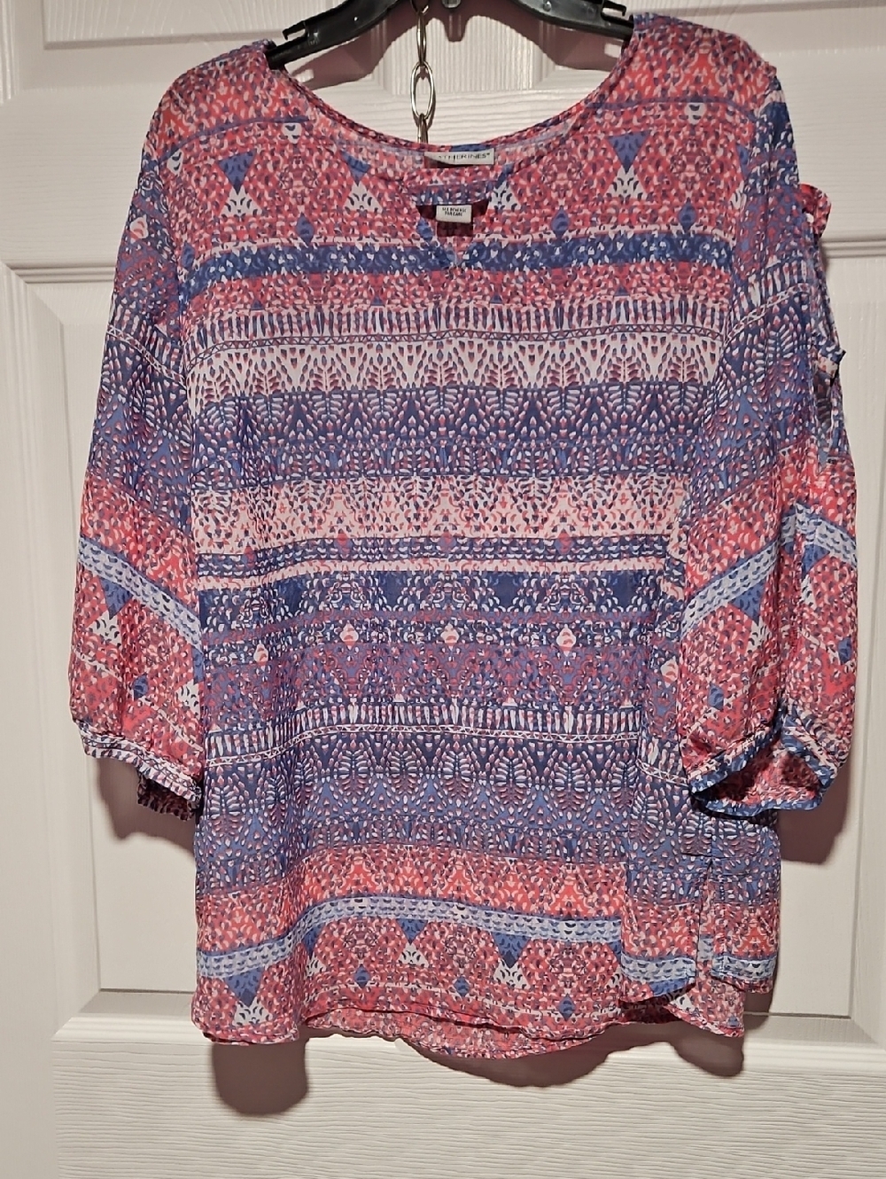 Catherines Pink & Blue Patterned Peasant Blouse